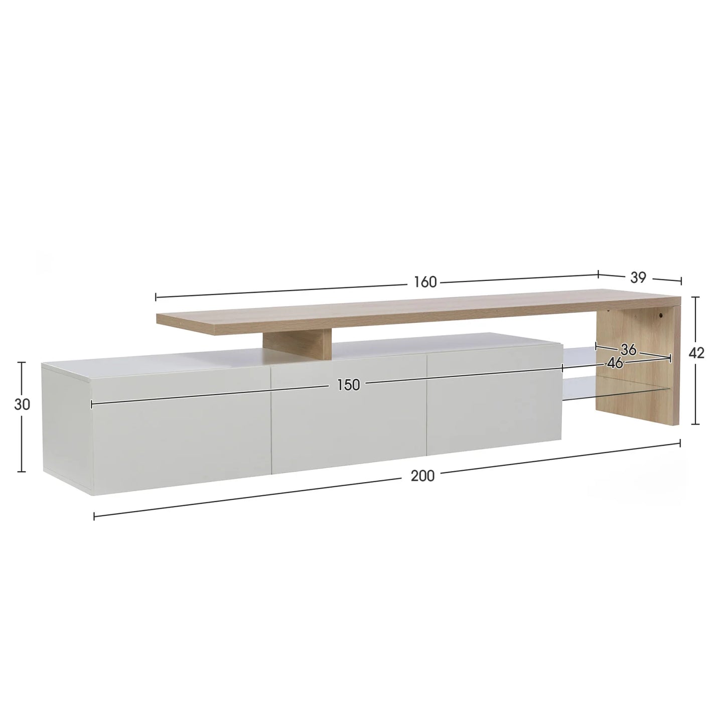 Moderner TV-Schrank mit 3 Fächern in Holzoptik, Glasböden und LED-Beleuchtung für Zuhause