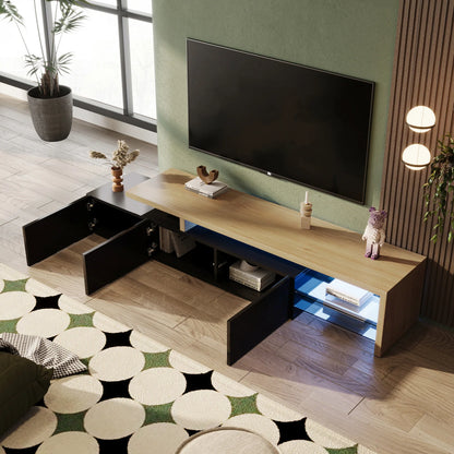 Moderner TV-Schrank mit 3 Fächern in Holzoptik, Glasböden und LED-Beleuchtung für Zuhause