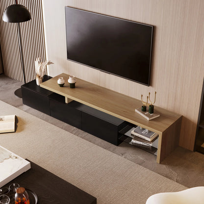 Moderner TV-Schrank mit 3 Fächern in Holzoptik, Glasböden und LED-Beleuchtung für Zuhause