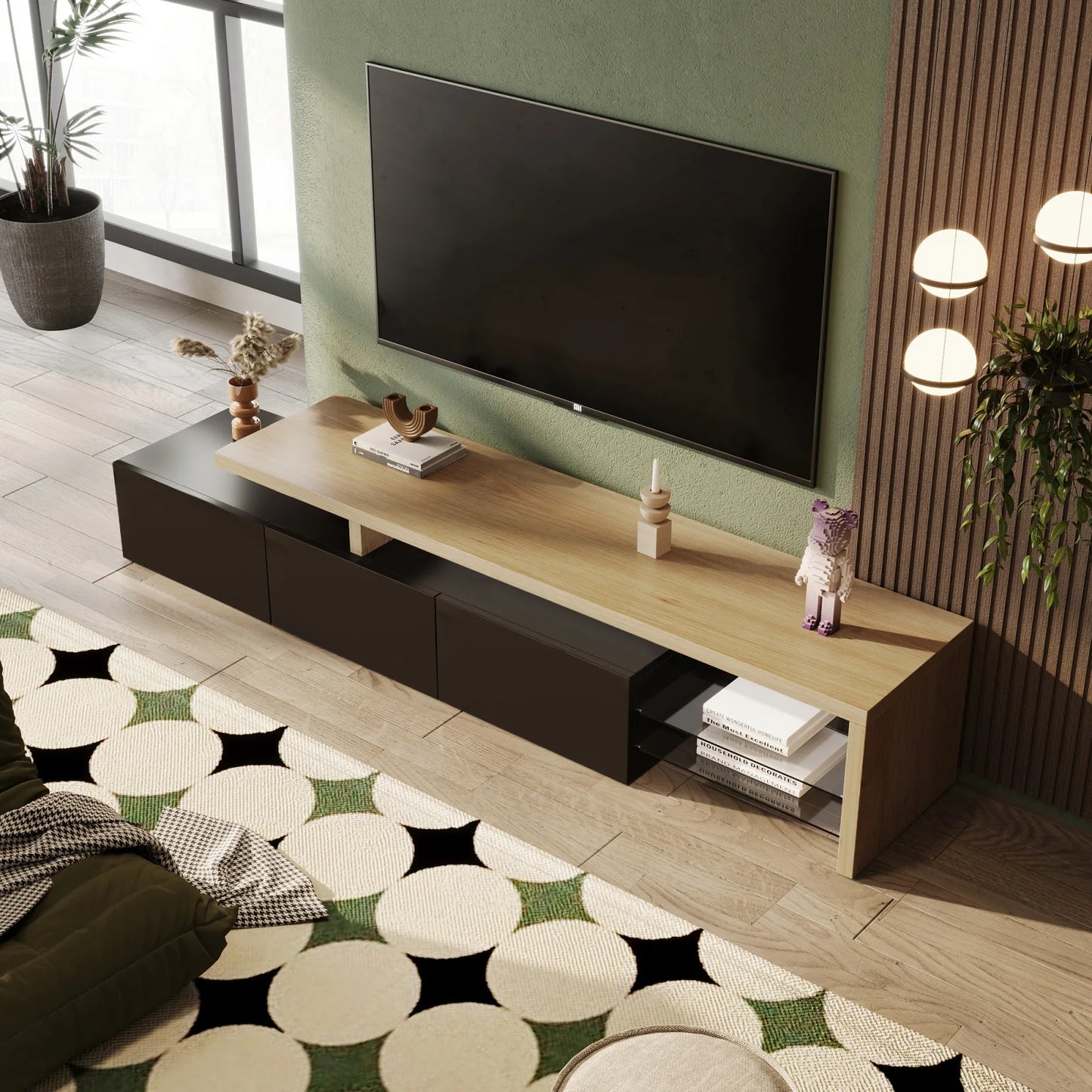 Moderner TV-Schrank mit 3 Fächern in Holzoptik, Glasböden und LED-Beleuchtung für Zuhause
